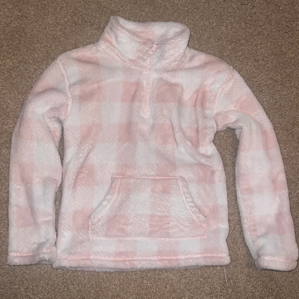 Girls Pink and White Checkered Fleece Quarter Zip